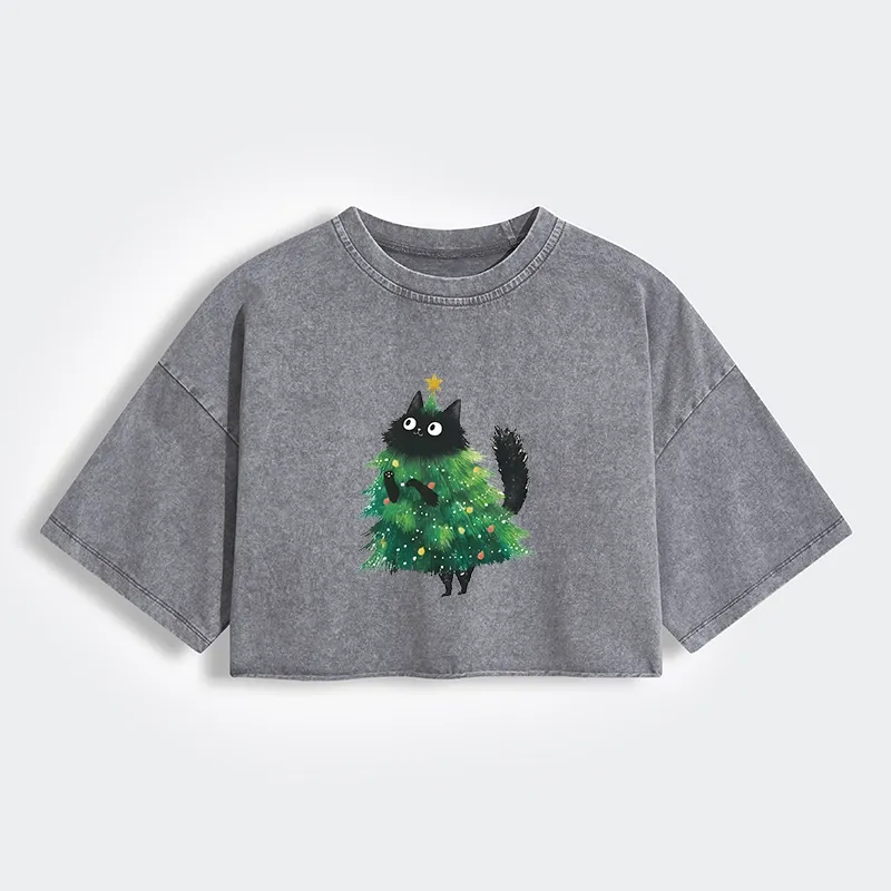 Tokyo-Lion Christmas Tree Cat Japan Women's Washed Crop T-Shirt