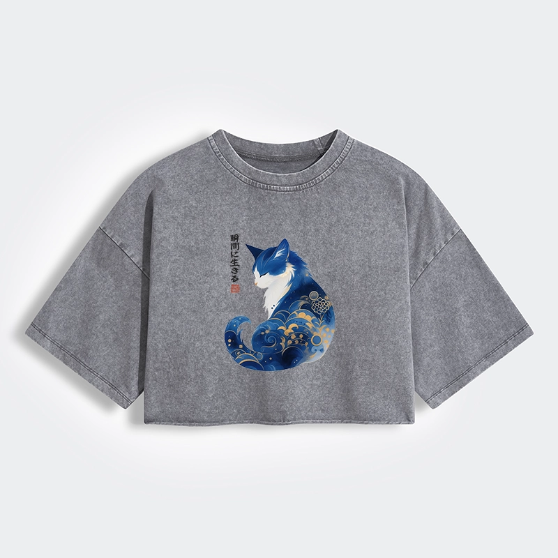 Tokyo-Lion Retro Zen Cat: Living the Present Women's Washed Crop T-Shirt