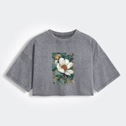 Tokyo-Lion Ukiyoe Magnolia Flower Poster Women's Washed Crop T-Shirt