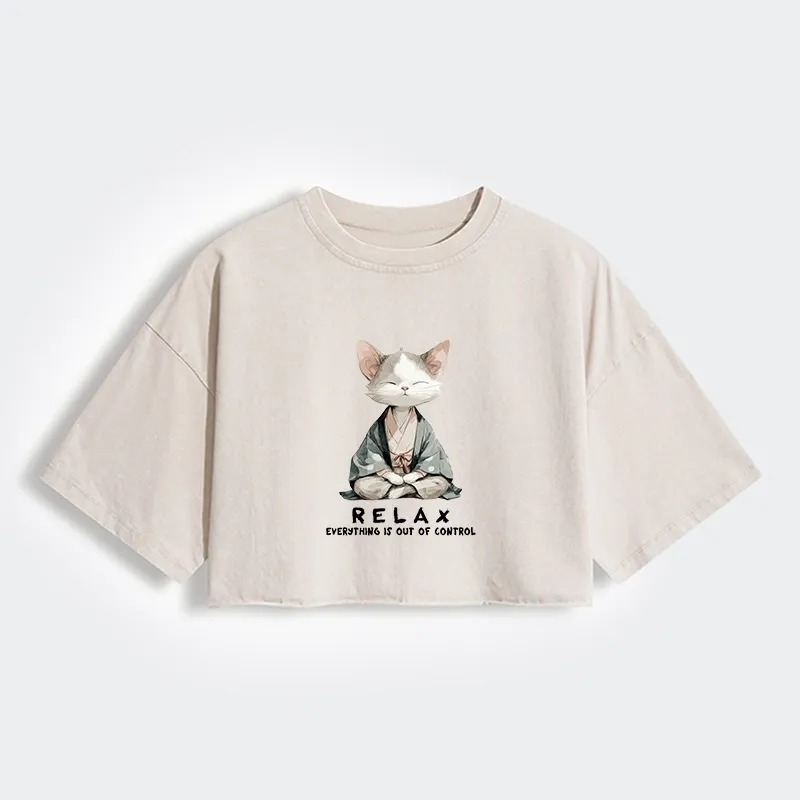 Tokyo-Lion Zen Cat Relaxation，Everything's Out Of Control Women's Washed Crop T-Shirt