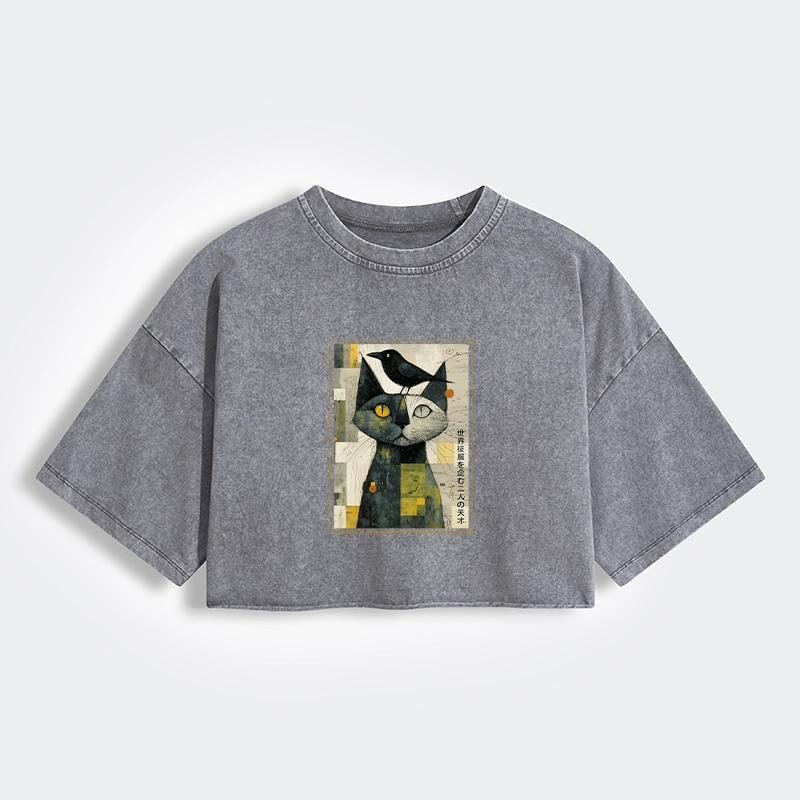 Tokyo-Lion The Cat And The Crow Are Planning To Rule The World Women's Washed Crop T-Shirt