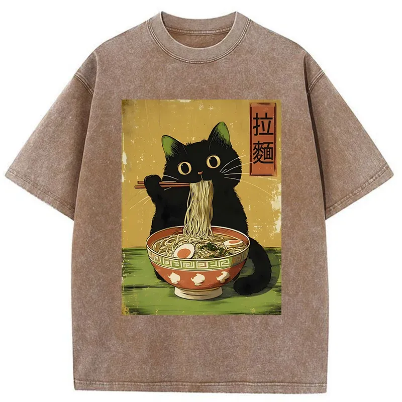 Tokyo-Lion Vintage Japanese Cat Eating Ramen Washed T-Shirt
