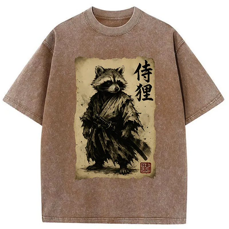 Tokyo-Lion Retro Raccoon Samurai Washed T-Shirt