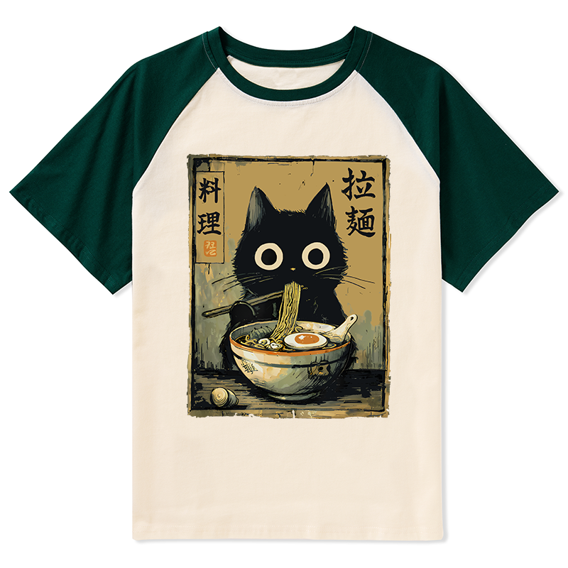Tokyo-Lion Cute Black Cat Eating Ramen Japan Raglan T-shirt-Tokyo-Lion
