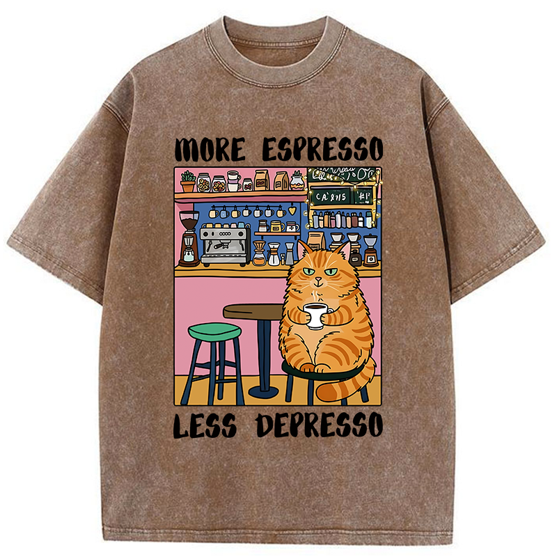 Tokyo-Lion Orange Cat Drinking Espresso Washed T-Shirt