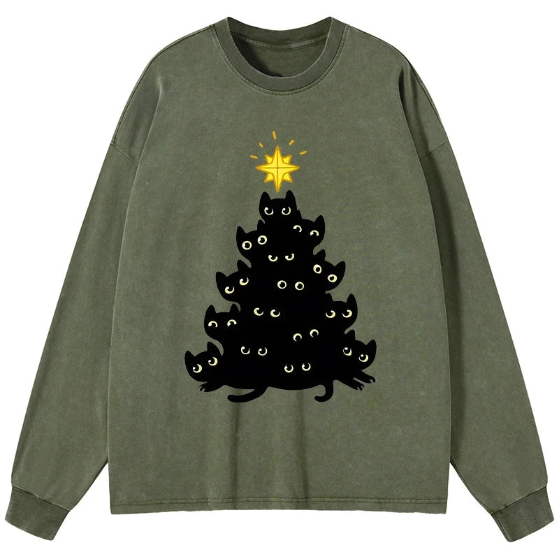 Tokyo-Lion Black Cat Christmas Tree Washed Long Sleeve T-Shirt-Tokyo-Lion