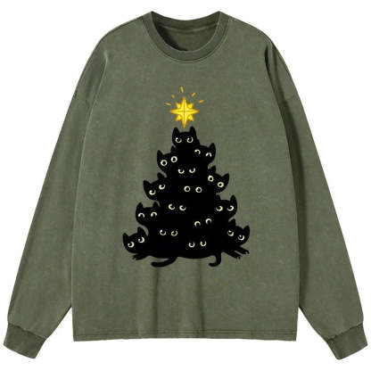Tokyo-Lion Black Cat Christmas Tree Washed Long Sleeve T-Shirt-Tokyo-Lion
