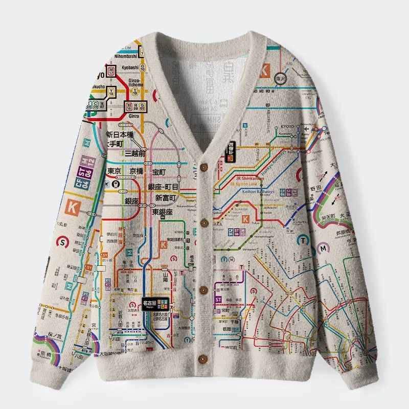 Tokyo-Lion Tokyo Subway Map Ugly Cardigan Sweater