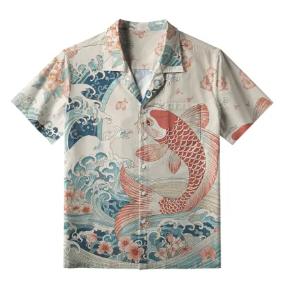Tokyo-Lion Koi With Sakura Waves Aloha Hawaiian Shirt