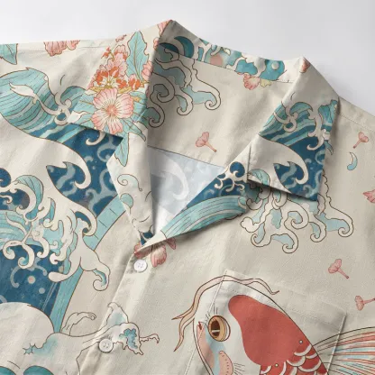 Tokyo-Lion Koi With Sakura Waves Aloha Hawaiian Shirt