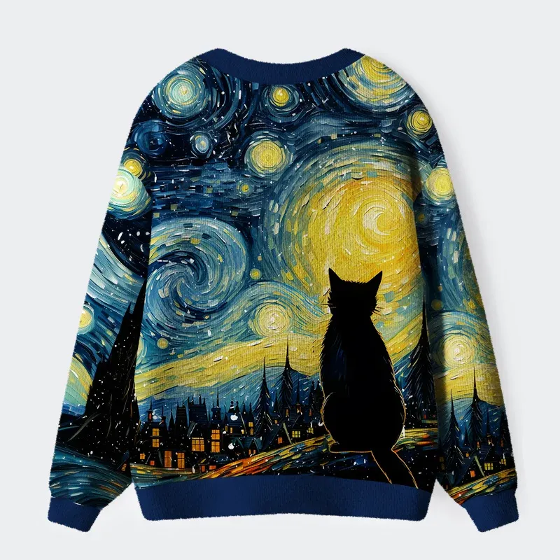 Tokyo-Lion Black Cat Under The Stars Ugly Cardigan Sweater