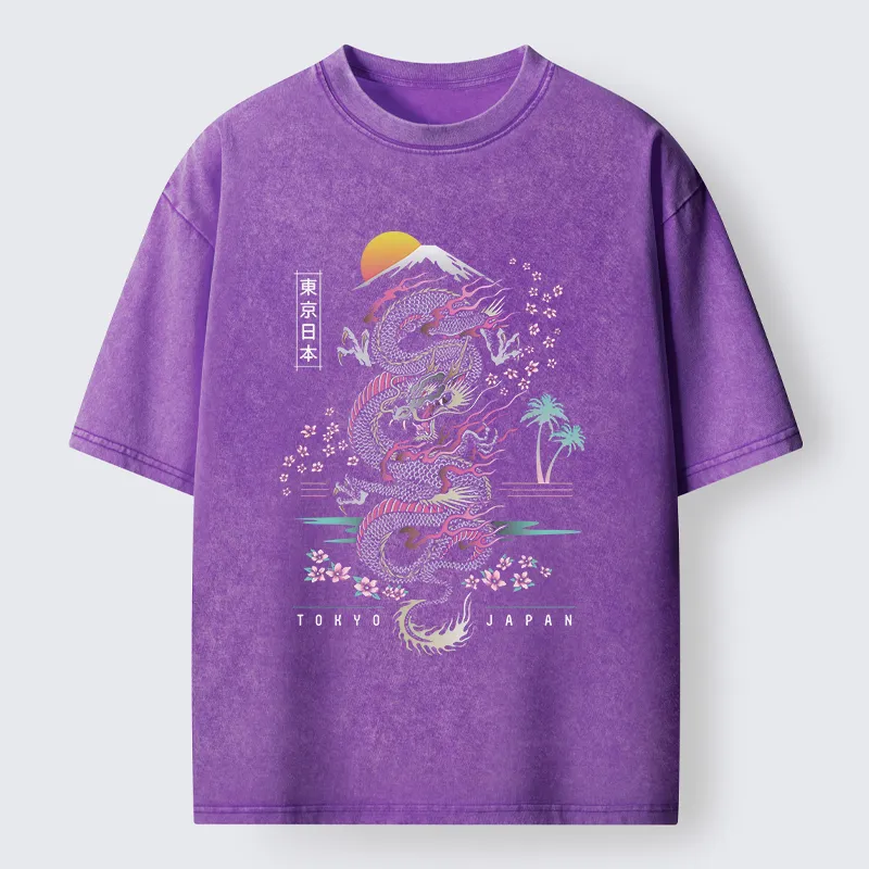 Tokyo-Lion Retro Japanese Dragon Washed T-Shirt