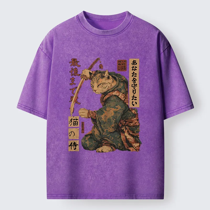 Tokyo-Lion Retro Cat Japanese Samurai Funny Washed T-Shirt