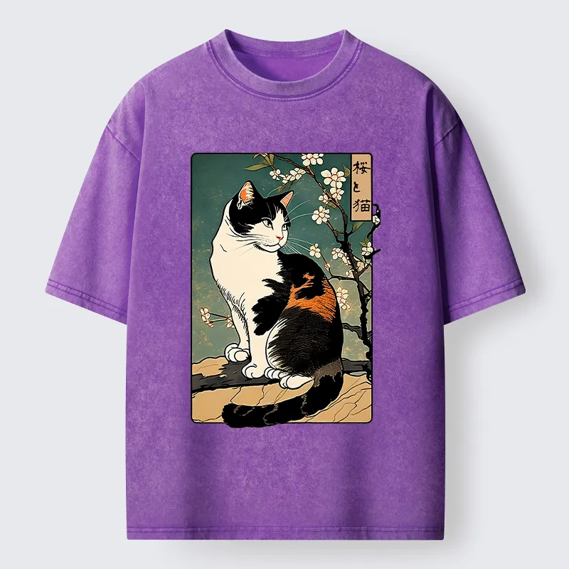 Tokyo-Lion The Cat Under the Sakura Washed T-Shirt