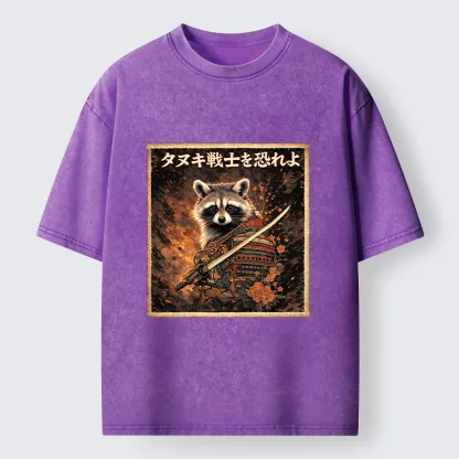 Tokyo-Lion Japanese Raccoon Samurai Funny Washed T-Shirt