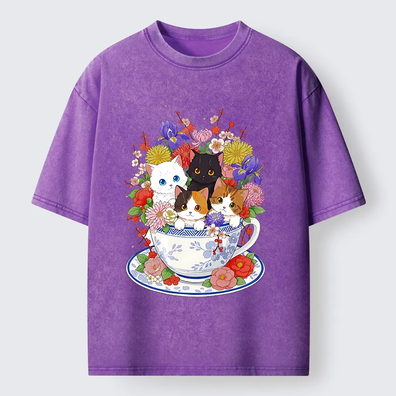 Tokyo-Lion Four Adorable Kittens Washed T-Shirt