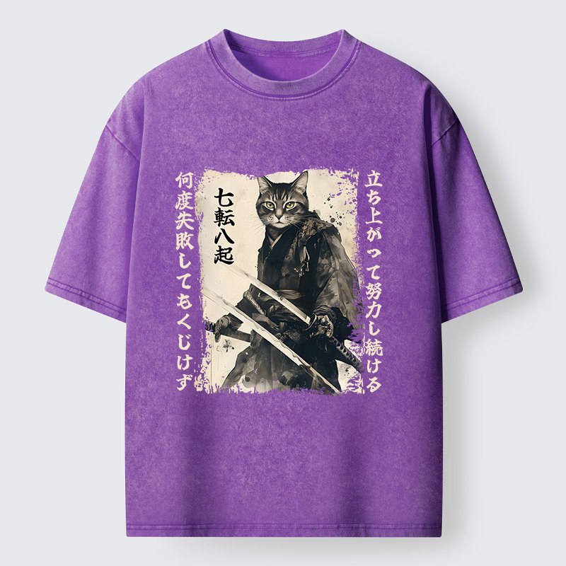 Tokyo-Lion Samurai Japanese Cat Washed T-Shirt