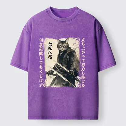 Tokyo-Lion Samurai Japanese Cat Washed T-Shirt