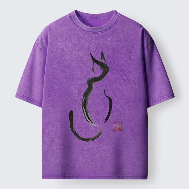 Tokyo-Lion Minimalist Cat Ink Washed T-Shirt-Tokyo-Lion