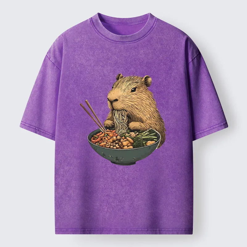 Tokyo-Lion Capybara Eating Ramen Funny Washed T-Shirt