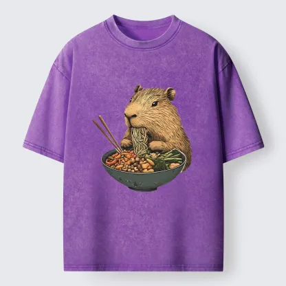 Tokyo-Lion Capybara Eating Ramen Funny Washed T-Shirt