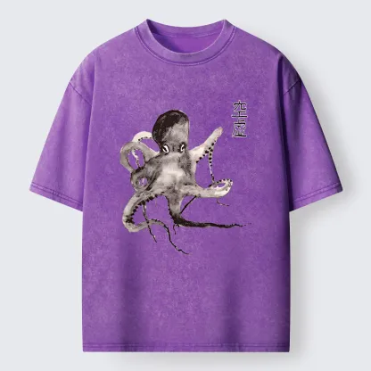Tokyo-Lion Octopus Ink Painting Washed T-Shirt