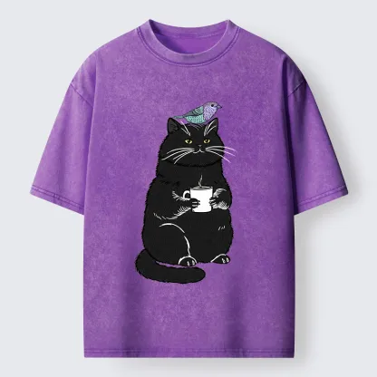 Tokyo-Lion Black Cat And Bird Washed T-Shirt