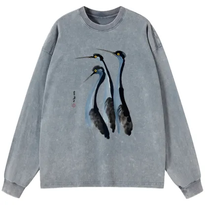 Tokyo-Lion Blue Crane Washed Long Sleeve T-Shirt