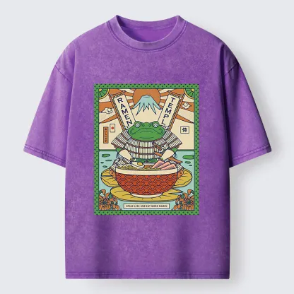 Tokyo-Lion Frog Samurai Eating Ramen Washed T-Shirt