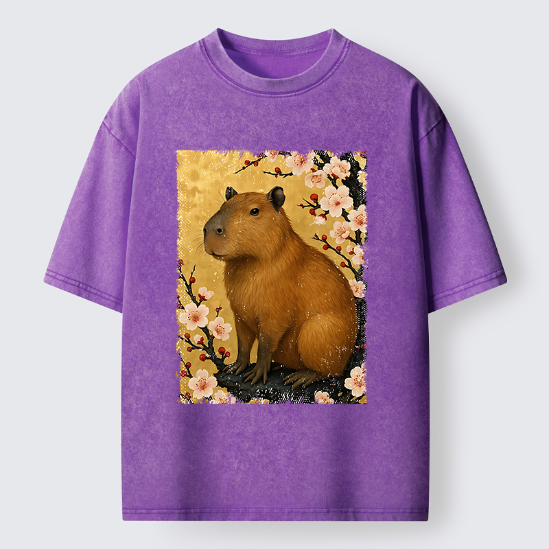 Tokyo-Lion Capybara And Sakura Washed T-Shirt