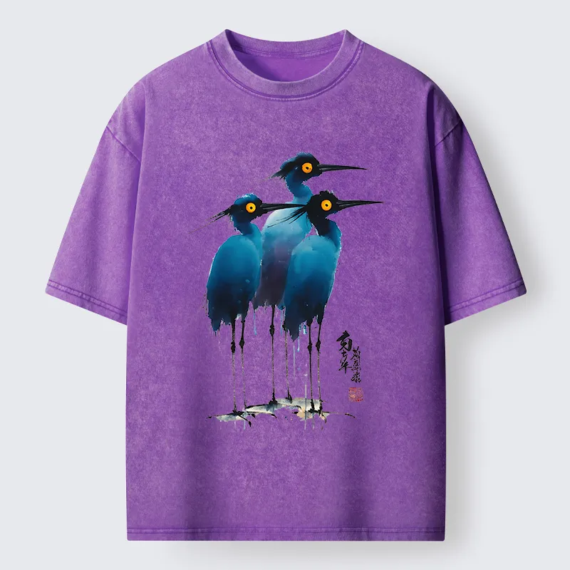 Tokyo-Lion Great Blue Heron Ink Painting Washed T-Shirt