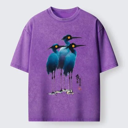 Tokyo-Lion Great Blue Heron Ink Painting Washed T-Shirt