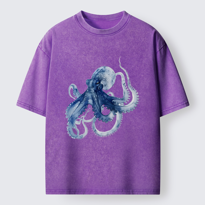 Tokyo-Lion Blue Octopus Washed T-Shirt