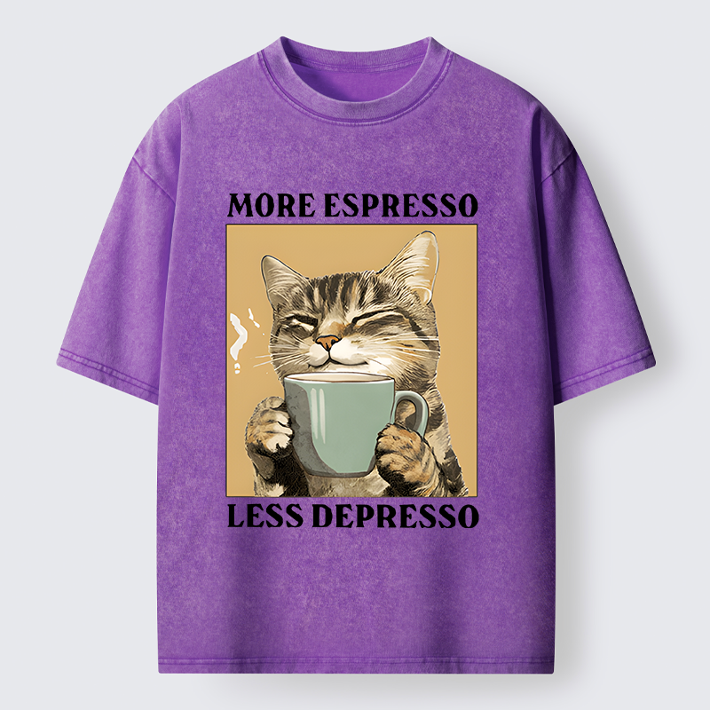 Tokyo-Lion Cute Cat Drinking Coffee Washed T-Shirt