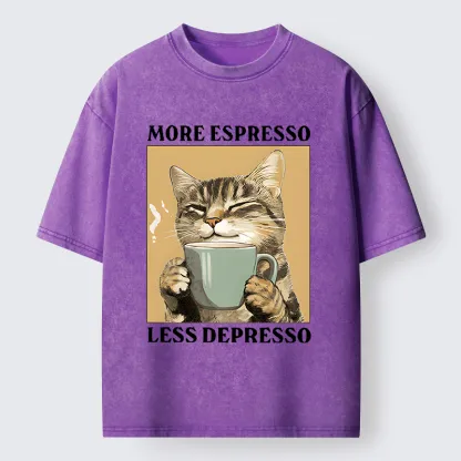 Tokyo-Lion Cute Cat Drinking Coffee Washed T-Shirt