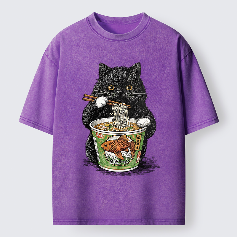Tokyo-Lion Black Cat Eating Japanese Food Washed T-Shirt
