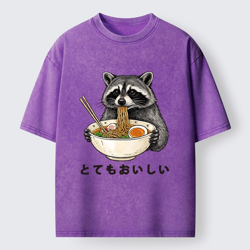 Tokyo-Lion Raccoon Eating A Big Bowl Of Ramen Washed T-Shirt