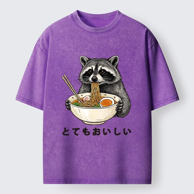 Tokyo-Lion Raccoon Eating A Big Bowl Of Ramen Washed T-Shirt