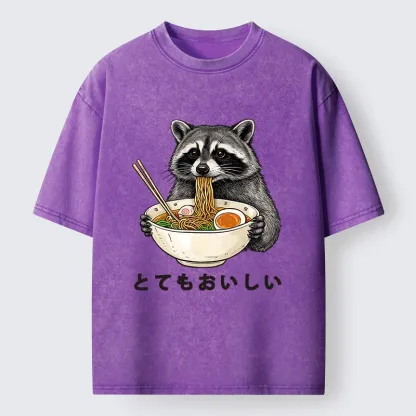 Tokyo-Lion Raccoon Eating A Big Bowl Of Ramen Washed T-Shirt