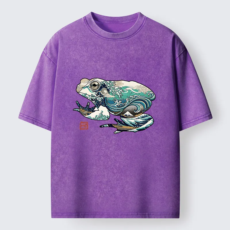 Tokyo-Lion Frogs And Ukiyo-e Waves Washed T-Shirt