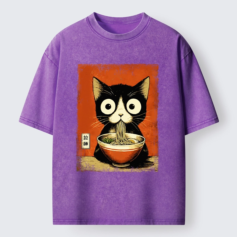 Tokyo-Lion Ramen Loving Black Cat Washed T-Shirt
