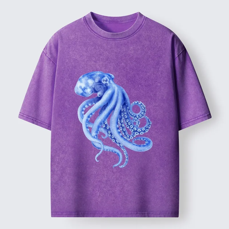 Tokyo-Lion Retro Blue Octopus Washed T-Shirt