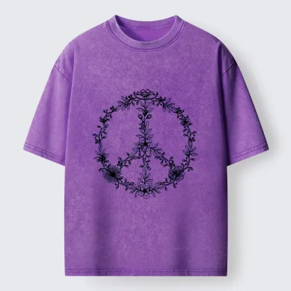 Tokyo-Lion Circle of Flower Peace Sign Washed T-Shirt