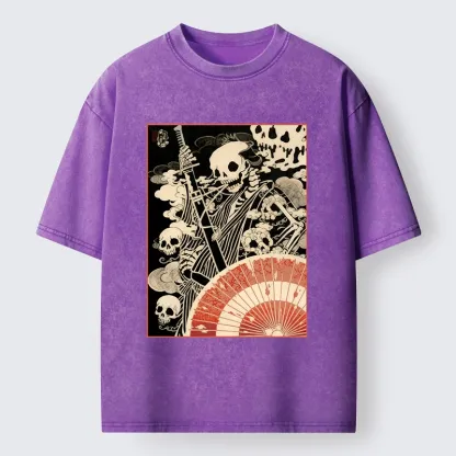 Tokyo-Lion Dark Samurai Skeleton Art Washed T-Shirt