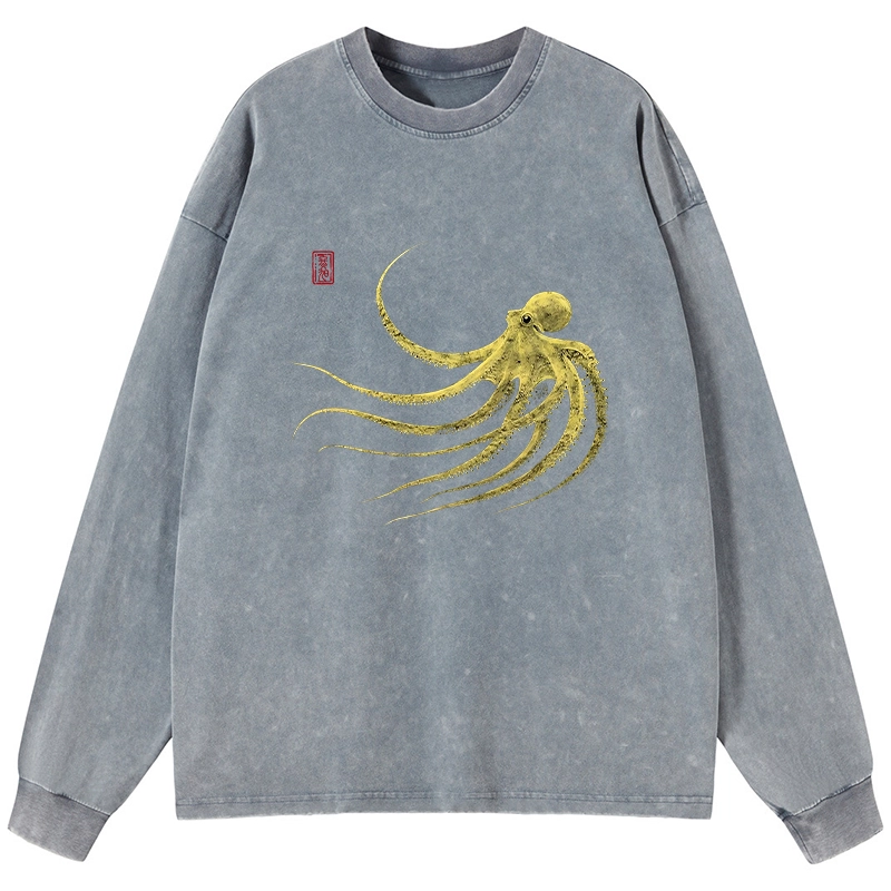 Tokyo-Lion Retro Octopus Japanese Washed Long Sleeve T-Shirt