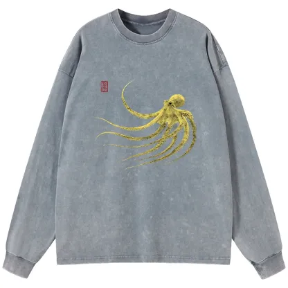Tokyo-Lion Retro Octopus Japanese Washed Long Sleeve T-Shirt