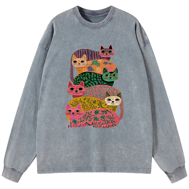 Tokyo-Lion Colorful Cats Washed Long Sleeve T-Shirt-Tokyo-Lion