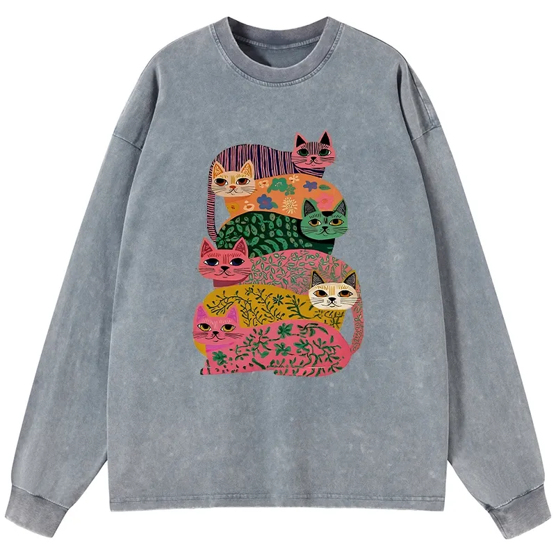 Tokyo-Lion Colorful Cats Washed Long Sleeve T-Shirt-Tokyo-Lion