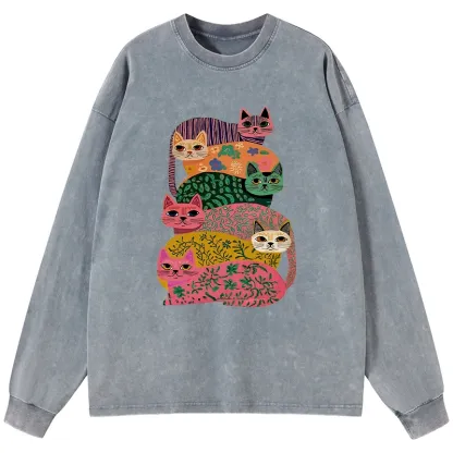 Tokyo-Lion Colorful Cats Washed Long Sleeve T-Shirt-Tokyo-Lion