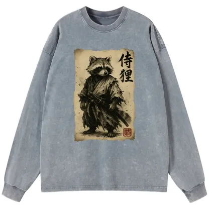 Tokyo-Lion Retro Raccoon Samurai Washed Long Sleeve T-Shirt